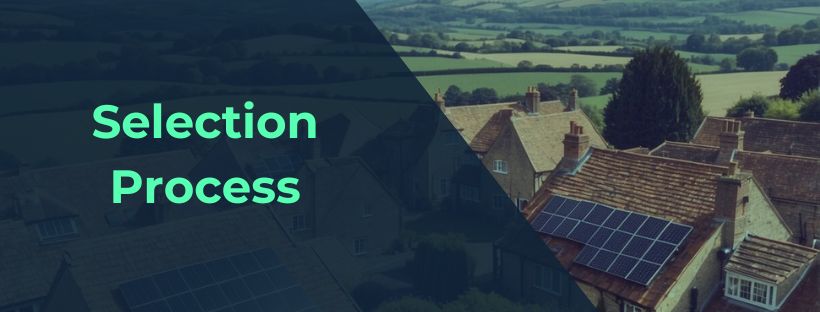 A sunny county landscape with houses and rooftops, some with solar panels installed. A sign or advertisement for solar panel installers in Surrey